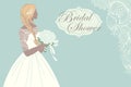 Beautiful bride holding a rose bouquet with frame for text, vector illustration Royalty Free Stock Photo