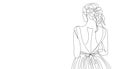 Beautiful bride in long wedding dress. Single line minimalist illustration of the young lady in the evening gown