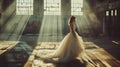 Beautiful bride in a long white wedding dress in an abandoned factory. Royalty Free Stock Photo