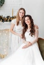 Beautiful bride in luxury wedding dress and pretty bridesmaid in dresse in decorated christmas studio. weddind in Christmas