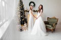 Beautiful bride in luxury wedding dress and pretty bridesmaid in dresse in decorated christmas studio. weddind in Christmas