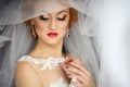 beautiful bride portrait with veil over her face, wearing professional make-up Royalty Free Stock Photo