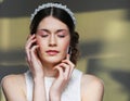 Beautiful Bride Portrait wedding makeup hairstyle, gorgeous young woman with closed eyes in white dress. Royalty Free Stock Photo