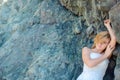 Beautiful bride posing in high mountain scenery Royalty Free Stock Photo