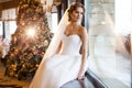 Beautiful bride posing near window, christmas tree background Royalty Free Stock Photo