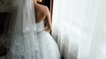 Beautiful bride standing at the window, back view. Royalty Free Stock Photo