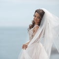 Beautiful bride in white dress posing on sea and mountains in background Royalty Free Stock Photo