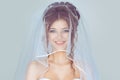 Beautiful bride in veil. Closeup shot of elegant, brunette happy bride posing under veil closeup.   light blue background Royalty Free Stock Photo