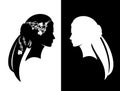 Beautiful bride wearing veil profile head black and white vector silhouette Royalty Free Stock Photo