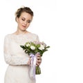 Beautiful bride with wedding bouquet in her hands. free space for your text Royalty Free Stock Photo