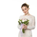 Beautiful bride with wedding bouquet in her hands. free space for your text Royalty Free Stock Photo