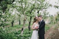 Beautiful bride in a wedding dress with bouquet and roses wreath posing with groom wearing wedding suit Royalty Free Stock Photo