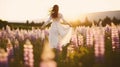 A beautiful bride in wedding dress dancing alone in field of lupine flowers on sunset. Generative AI Royalty Free Stock Photo