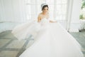 Beautiful bride in wedding dress with long full skirt, white background, dance and smile Royalty Free Stock Photo