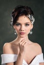 Beautiful bride with wedding makeup and fashion hairstyle. Gorgeous young woman in a white dress with jewelry in her hair Royalty Free Stock Photo