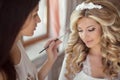 Beautiful bride wedding with makeup and hairstyle. Stylist makes Royalty Free Stock Photo