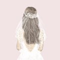 Beautiful bride in white dress, loose hair and veil. Hand drawn illustration