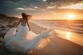 Beautiful bride in white wedding dress on the desert at sunset.