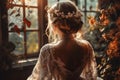 Beautiful bride in white wedding dress with flowers in her hair