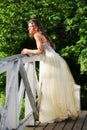 Beautiful bride on the wooden bridge Royalty Free Stock Photo