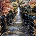 Beautiful of Bridge Landscape with Autumn. wooden bridge with brush trees on both sides. Royalty Free Stock Photo