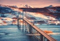 Beautiful bridge at sunset in Lofoten islands, Norway