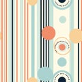 Beautiful bright background with colored stripes, checkered patterns, and circles. Seamless pattern. I