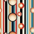 Beautiful bright background with colored stripes, checkered patterns, and circles. Seamless pattern. I