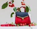 Beautiful bright bag and belt close, light gray background in decoration of apples