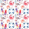 Beautiful bright colorful lovely summer marine beach pattern of flip flops red crabs pastel cute seashells blue lifebuoy and dark Royalty Free Stock Photo