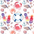 Beautiful bright colorful lovely summer marine beach pattern of flip flops red crabs pastel cute seashells blue lifebuoy and dark