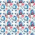Beautiful bright colorful lovely summer marine beach pattern of lifebuoy, blue anchor, red white seamark, red crabs, pastel cute s Royalty Free Stock Photo