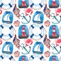 Beautiful bright colorful lovely summer marine beach pattern of lifebuoy, blue anchor, red white seamark, red crabs, pastel cute s Royalty Free Stock Photo