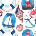 Beautiful bright colorful lovely summer marine beach pattern of lifebuoy, blue anchor, red white seamark, red crabs, pastel cute s Royalty Free Stock Photo