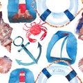 Beautiful bright colorful lovely summer ocean marine beach pattern of lifebuoy, blue anchor, red white seamark and dark blue ancho