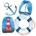 Beautiful bright colorful lovely summer ocean marine beach pattern of lifebuoy, blue anchor, red white seamark and dark blue ancho