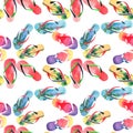 Beautiful bright comfort summer pattern of beach blue yellow flip flops with tropical palm design, red green flip flops, yellow or Royalty Free Stock Photo
