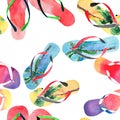 Beautiful bright comfort summer pattern of beach blue yellow flip flops with tropical palm design, red green flip flops, yellow or Royalty Free Stock Photo