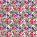 Beautiful bright cute lovely wonderful green tropical hawaii floral herbal summer colorful pattern of tropical red violet purple p Royalty Free Stock Photo