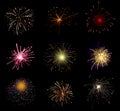 Beautiful bright fireworks on black background, collage. Illustration Royalty Free Stock Photo