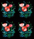 Beautiful bright floral pattern of red poppies with green leaves and heads on black background watercolor Royalty Free Stock Photo