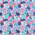 Beautiful bright floral seamless pattern. Blue lotus flowers with purple leaves on pink background. Hand drawn illustration. Royalty Free Stock Photo