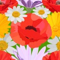 Bright seamless pattern of large red poppies, delicate white , lilac and yellow daisies on green background Royalty Free Stock Photo