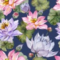 Beautiful bright floral seamless pattern. Purple and pink lotus flowers with bid leaves on dark blue background. Royalty Free Stock Photo