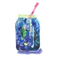 Beautiful bright fresh tasty juicy delicious lovely cute colorful detox bank with blueberries, green leaves and straw watercolor