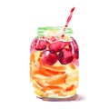 Beautiful bright fresh tasty juicy delicious lovely cute colorful detox bank with red cherries, ripe oranges and straw watercolor