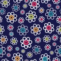 Beautiful bright geometric flowers seamless pattern on a navy blue background.