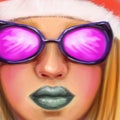 A beautiful bright girl with gray lips in pink glasses and a New Year hat in the style of digital oil painting