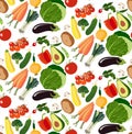 Beautiful bright graphic art vegetarian healthy pattern of organic vegetables: potato, tomato, beetroot, shallot, eggplant, corn,