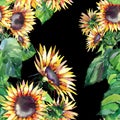 Beautiful bright graphic autumn wonderful colorful yellow orange herbal floral sunflowers with green leaves pattern